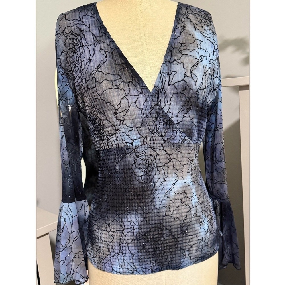 Vintage Y2K Caché Sheer Metallic Tie Dye Rose Print Bell Sleeve Large Whimsigoth